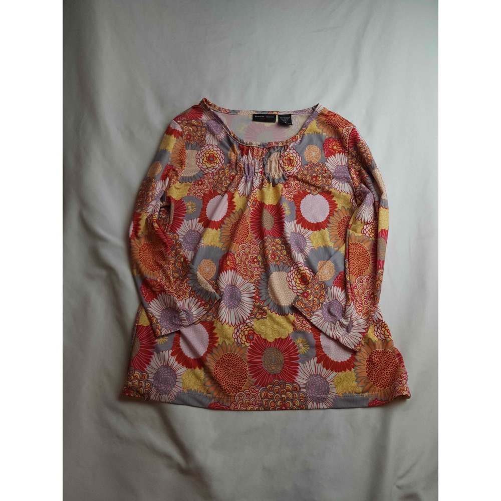 New York & Company Stretch Floral 3/4 Sleeve Scoop Neck Top Multicolor Womens S